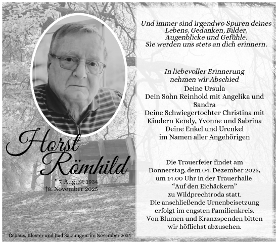Traueranzeige von Horst Römhild von Südthüringer Presse