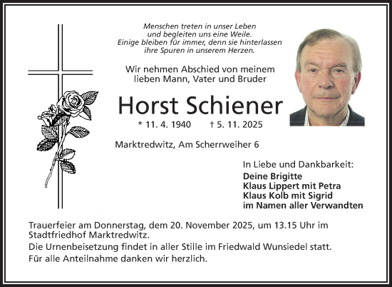 Traueranzeige von Horst Schiener von Frankenpost