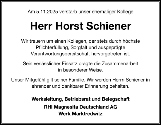 Traueranzeige von Horst Schiener von Frankenpost