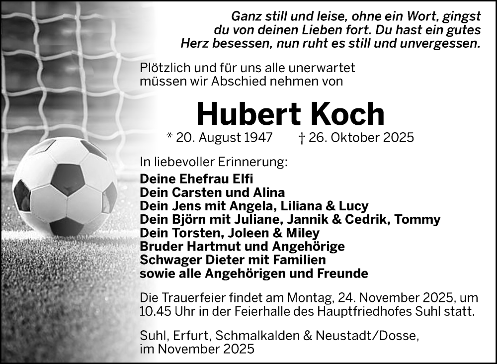  Traueranzeige für Hubert Koch vom 15.11.2025 aus Südthüringer Presse