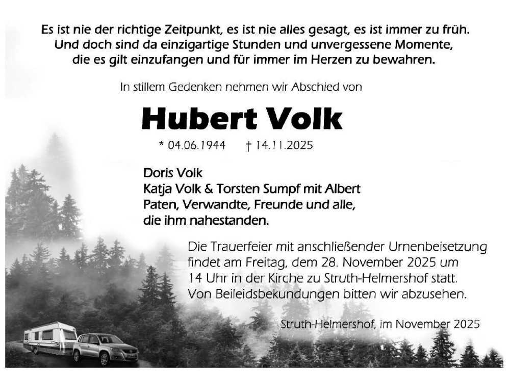  Traueranzeige für Hubert Volk vom 22.11.2025 aus Südthüringer Presse