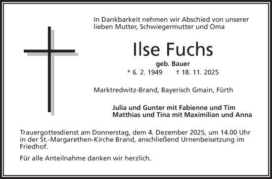 Traueranzeige von Ilse Fuchs von Frankenpost