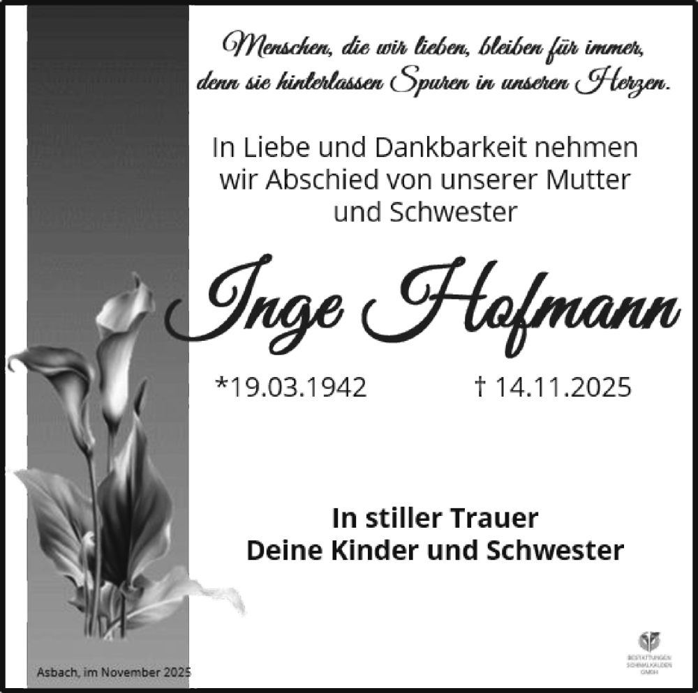  Traueranzeige für Inge Hofmann vom 28.11.2025 aus Südthüringer Presse