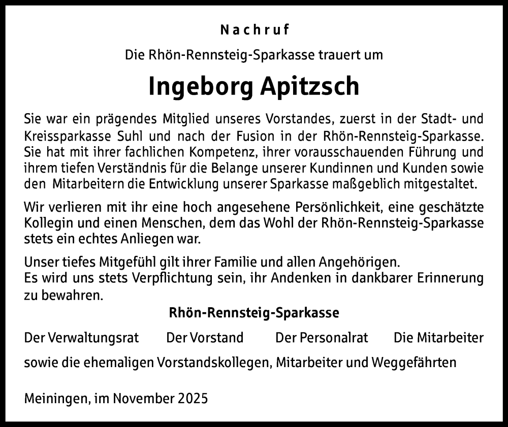  Traueranzeige für Ingeborg Apitzsch vom 29.11.2025 aus Südthüringer Presse