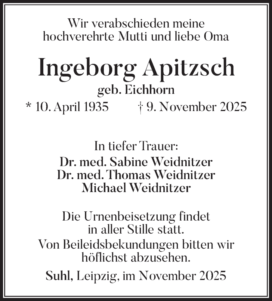  Traueranzeige für Ingeborg Apitzsch vom 15.11.2025 aus Südthüringer Presse