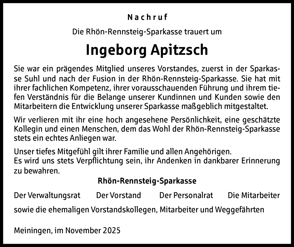  Traueranzeige für Ingeborg Apitzsch vom 22.11.2025 aus Südthüringer Presse