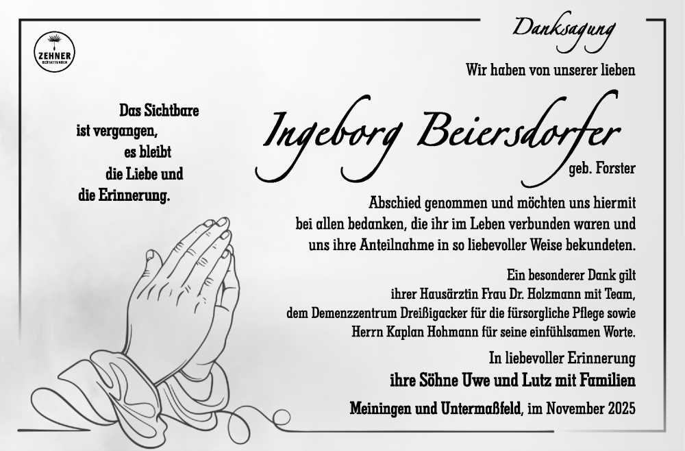  Traueranzeige für Ingeborg Beiersdorfer vom 22.11.2025 aus Südthüringer Presse