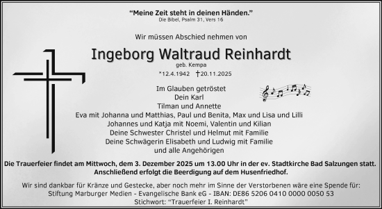 Traueranzeige von Ingeborg Waltraud Reinhardt von Südthüringer Presse