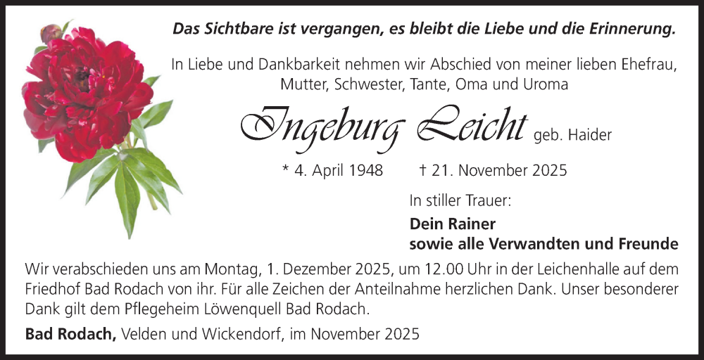  Traueranzeige für Ingeburg Leicht vom 26.11.2025 aus Neue Presse Coburg
