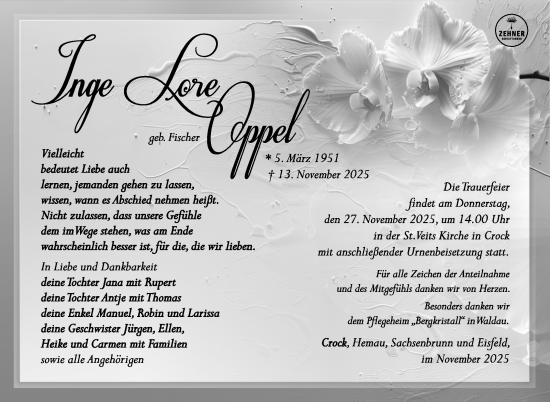Traueranzeige von Inge Lore Oppel von Südthüringer Presse
