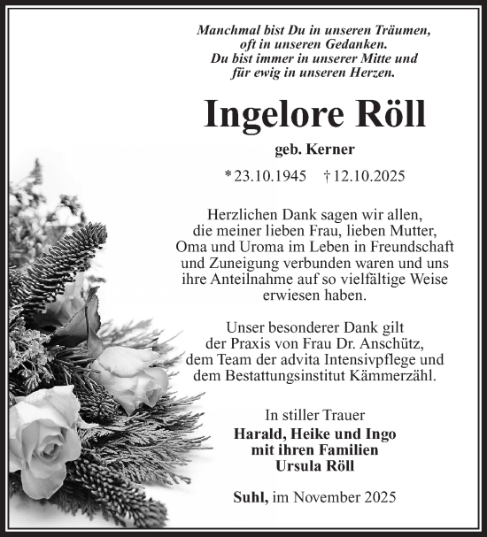 Traueranzeige von Ingelore Röll von Südthüringer Presse