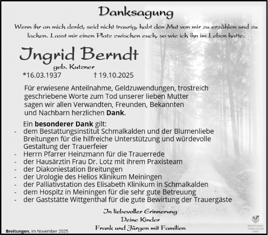 Traueranzeige von Ingrid Berndt von Südthüringer Presse