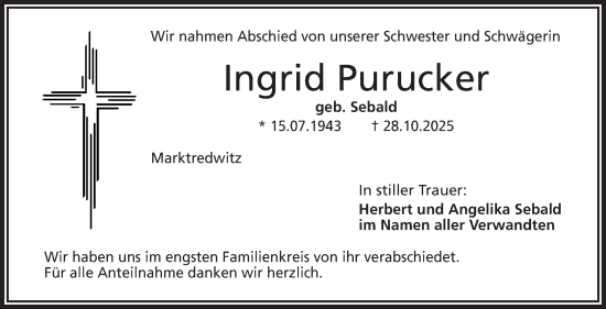 Traueranzeige von Ingrid Purucker von Frankenpost
