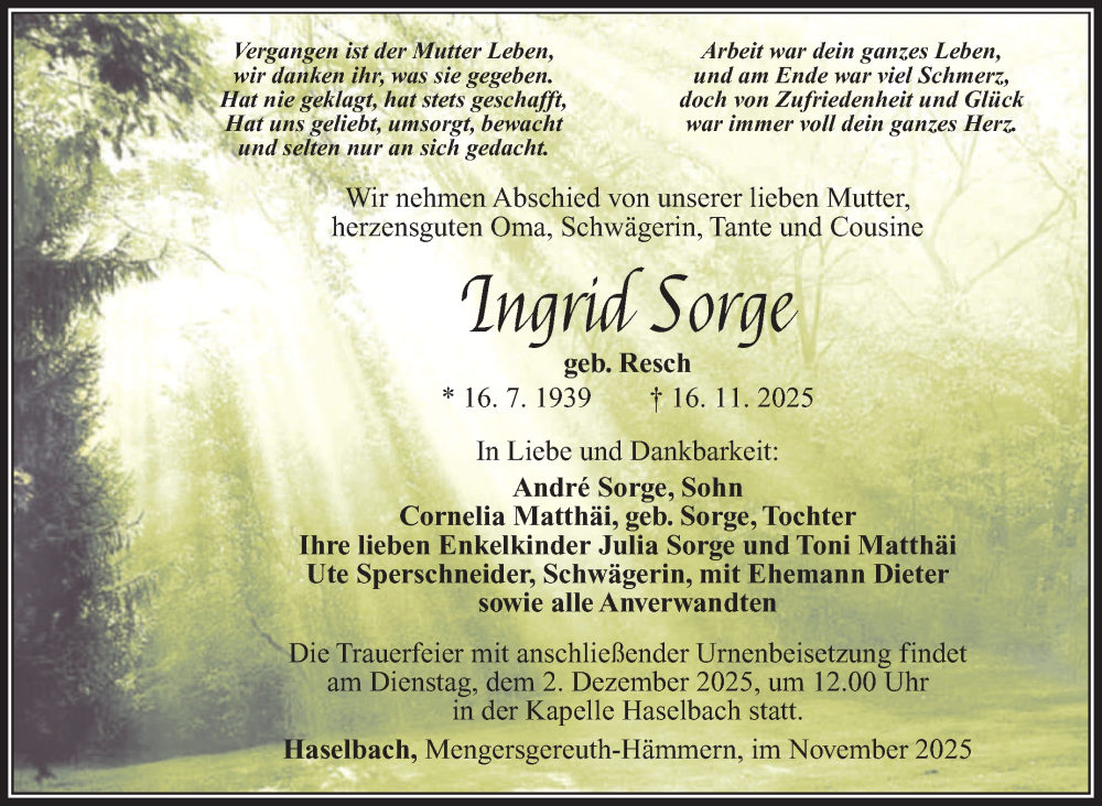  Traueranzeige für Ingrid Sorge vom 22.11.2025 aus Südthüringer Presse