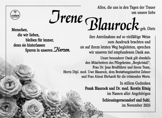 Traueranzeige von Irene Blaurock von Südthüringer Presse