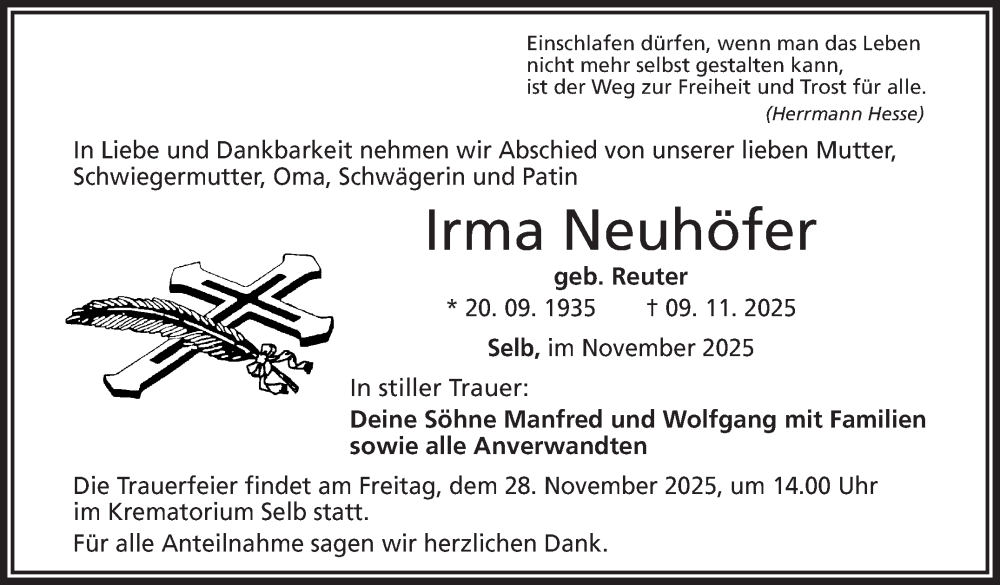  Traueranzeige für Irma Neuhöfer vom 26.11.2025 aus Frankenpost