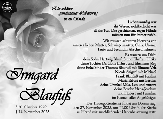 Traueranzeige von Irmgard Blaufuß von Südthüringer Presse
