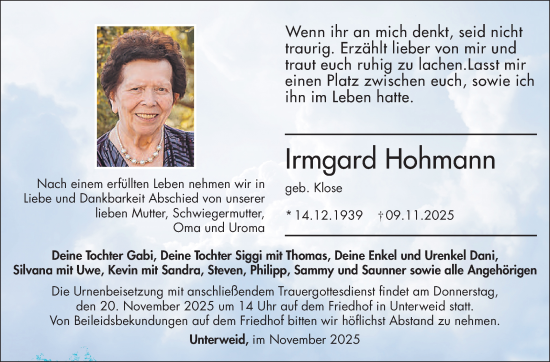 Traueranzeige von Irmgard Hohmann von Südthüringer Presse