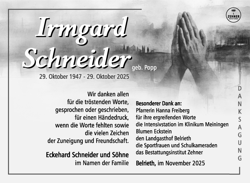  Traueranzeige für Irmgard Schneider vom 22.11.2025 aus Südthüringer Presse