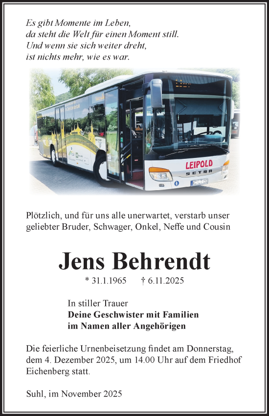 Traueranzeige von Jens Behrendt von Südthüringer Presse