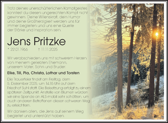 Traueranzeige von Jens Pritzke von Südthüringer Presse