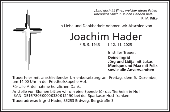 Traueranzeige von Joachim Hader von Frankenpost