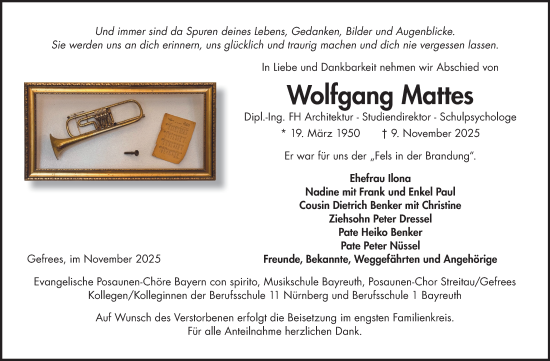 Traueranzeige von Wolfgang Mattes von Frankenpost