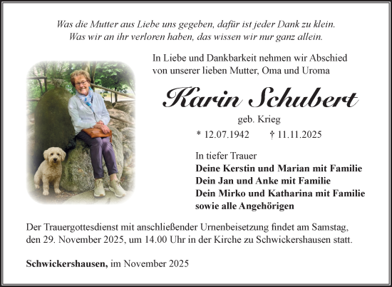 Traueranzeige von Karin Schubert von Südthüringer Presse
