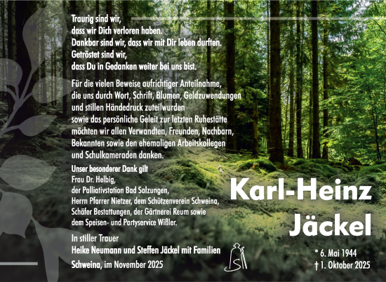 Traueranzeige von Karl-Heinz Jäckel von Südthüringer Presse