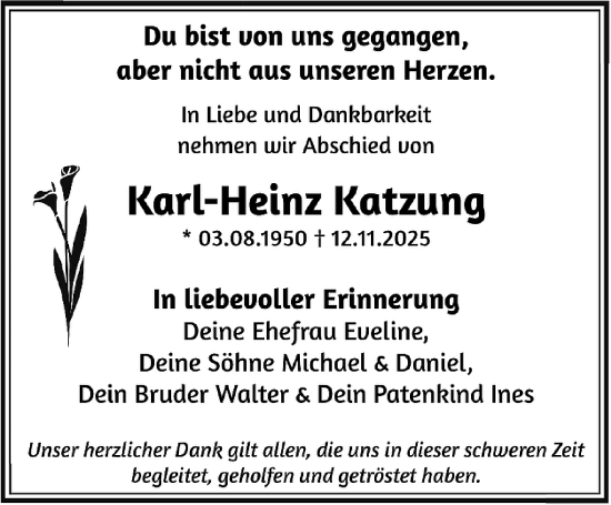 Traueranzeige von Karl-Heinz Katzung von Südthüringer Presse