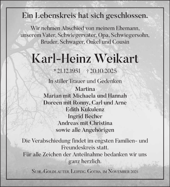 Traueranzeige von Karl-Heinz Weikart von Südthüringer Presse