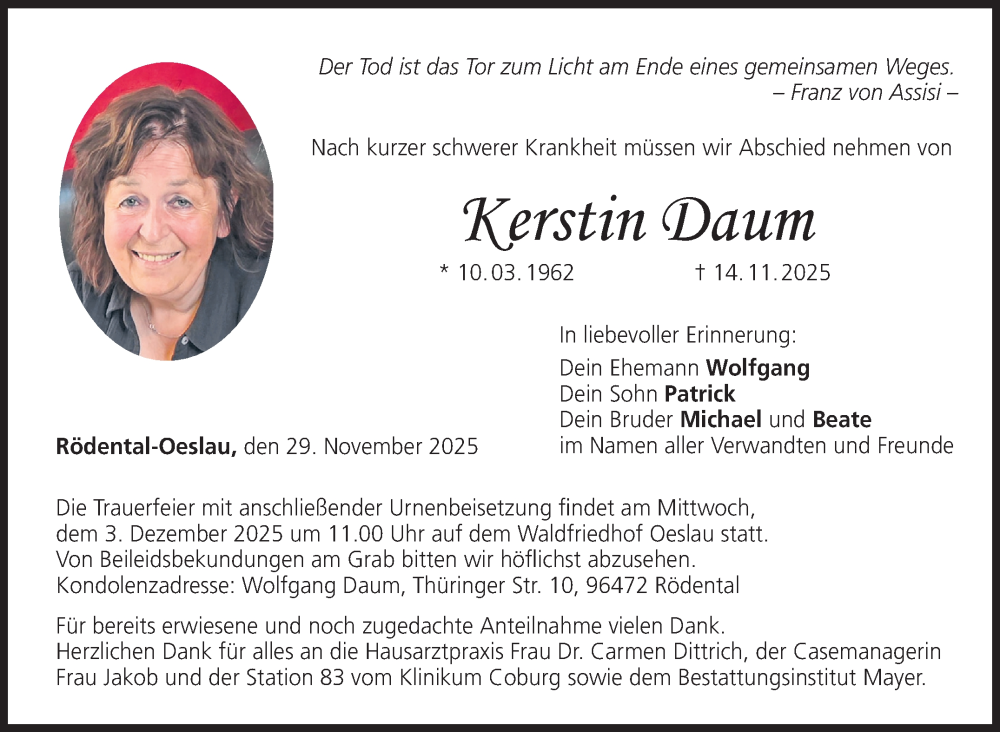  Traueranzeige für Kerstin Daum vom 29.11.2025 aus Neue Presse Coburg