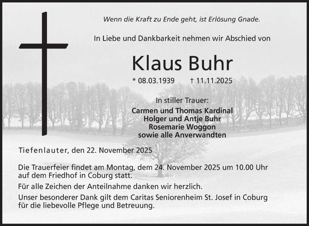  Traueranzeige für Klaus Buhr vom 22.11.2025 aus Neue Presse Coburg