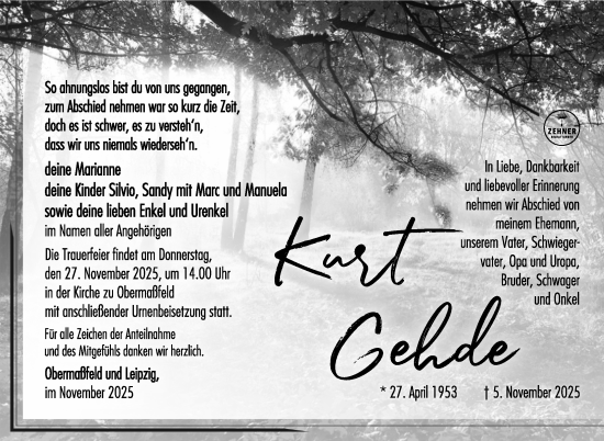 Traueranzeige von Kurt Gehde von Südthüringer Presse