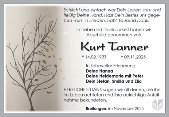 Traueranzeige von Kurt Tanner von Südthüringer Presse