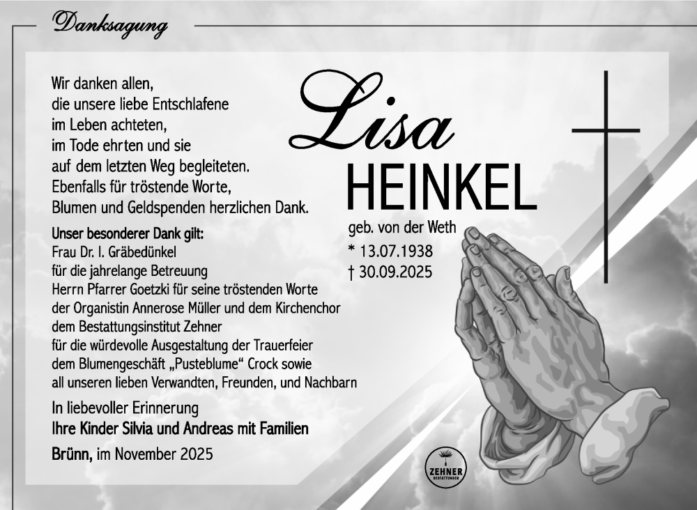  Traueranzeige für Lisa Heinkel vom 08.11.2025 aus Südthüringer Presse