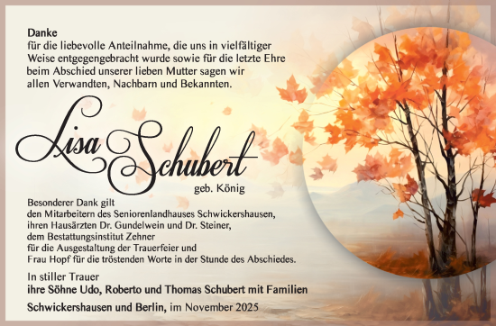 Traueranzeige von Lisa Schubert von Südthüringer Presse