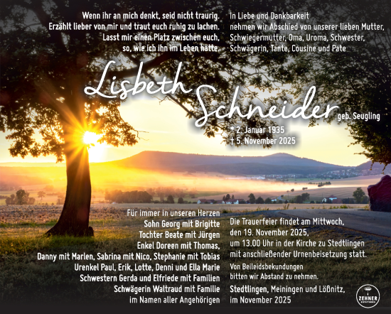 Traueranzeige von Lisbeth Schneider von Südthüringer Presse