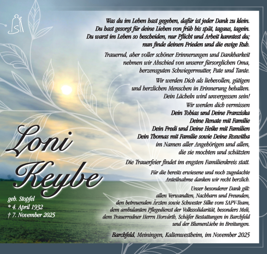 Traueranzeige von Loni Keybe von Südthüringer Presse