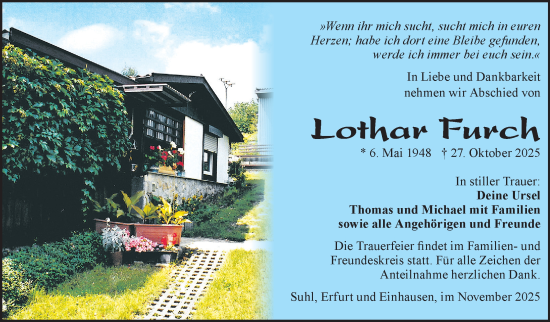 Traueranzeige von Lothar Furch von Südthüringer Presse
