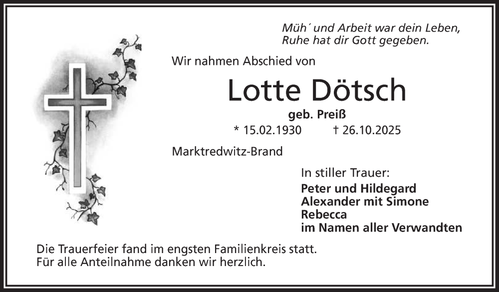  Traueranzeige für Lotte Dötsch vom 15.11.2025 aus Frankenpost