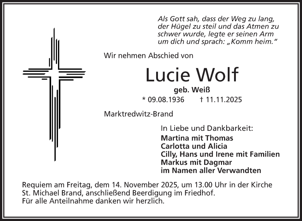  Traueranzeige für Lucie Wolf vom 13.11.2025 aus Frankenpost