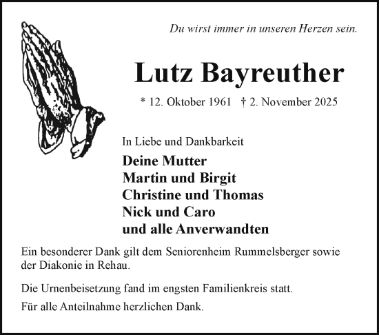 Traueranzeige von Lutz Bayreuther von Frankenpost