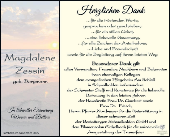 Traueranzeige von Magdalene Zessin von Südthüringer Presse