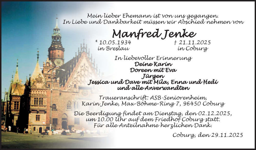  Traueranzeige für Manfred Jenke vom 29.11.2025 aus Neue Presse Coburg