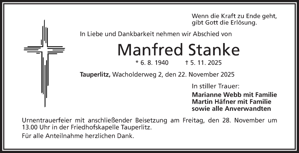  Traueranzeige für Manfred Stanke vom 22.11.2025 aus Frankenpost