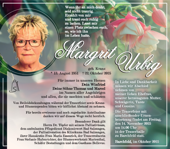 Traueranzeige von Margrit Urbig von Südthüringer Presse