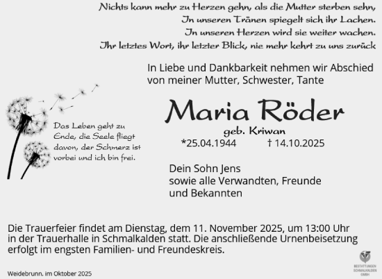 Traueranzeige von Maria Röder von Südthüringer Presse