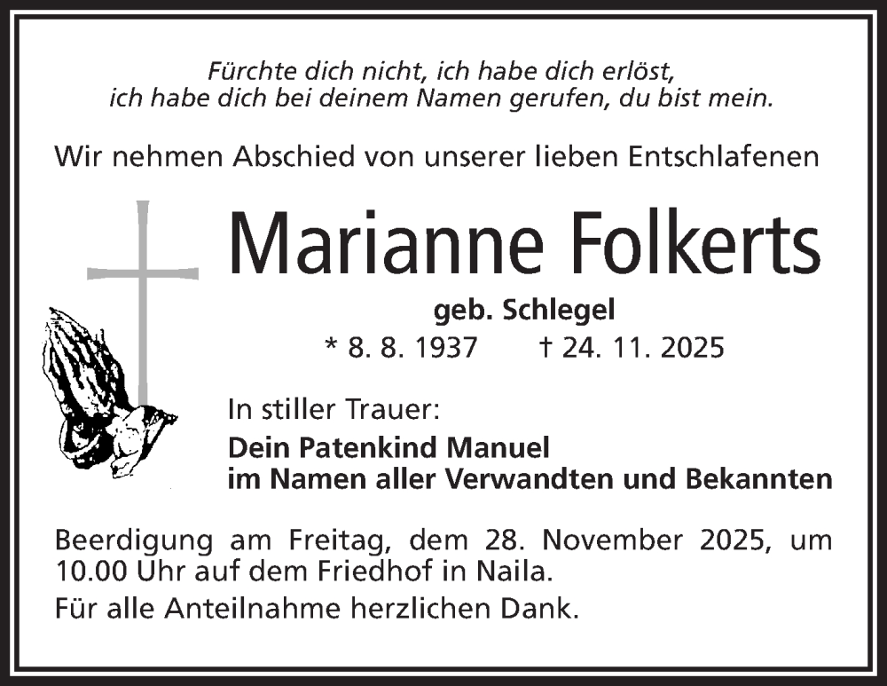  Traueranzeige für Marianne Folkerts vom 26.11.2025 aus Frankenpost