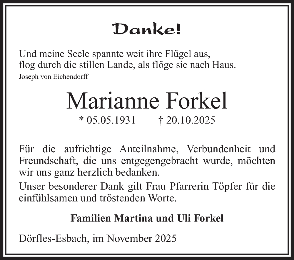  Traueranzeige für Marianne Forkel vom 28.11.2025 aus Neue Presse Coburg